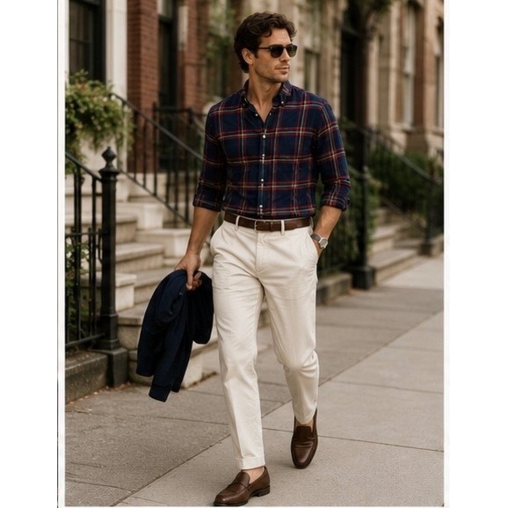LL Bean Signature Slim Fit Plaid Flannel Shirt Navy Blue Red Old Money Mens L